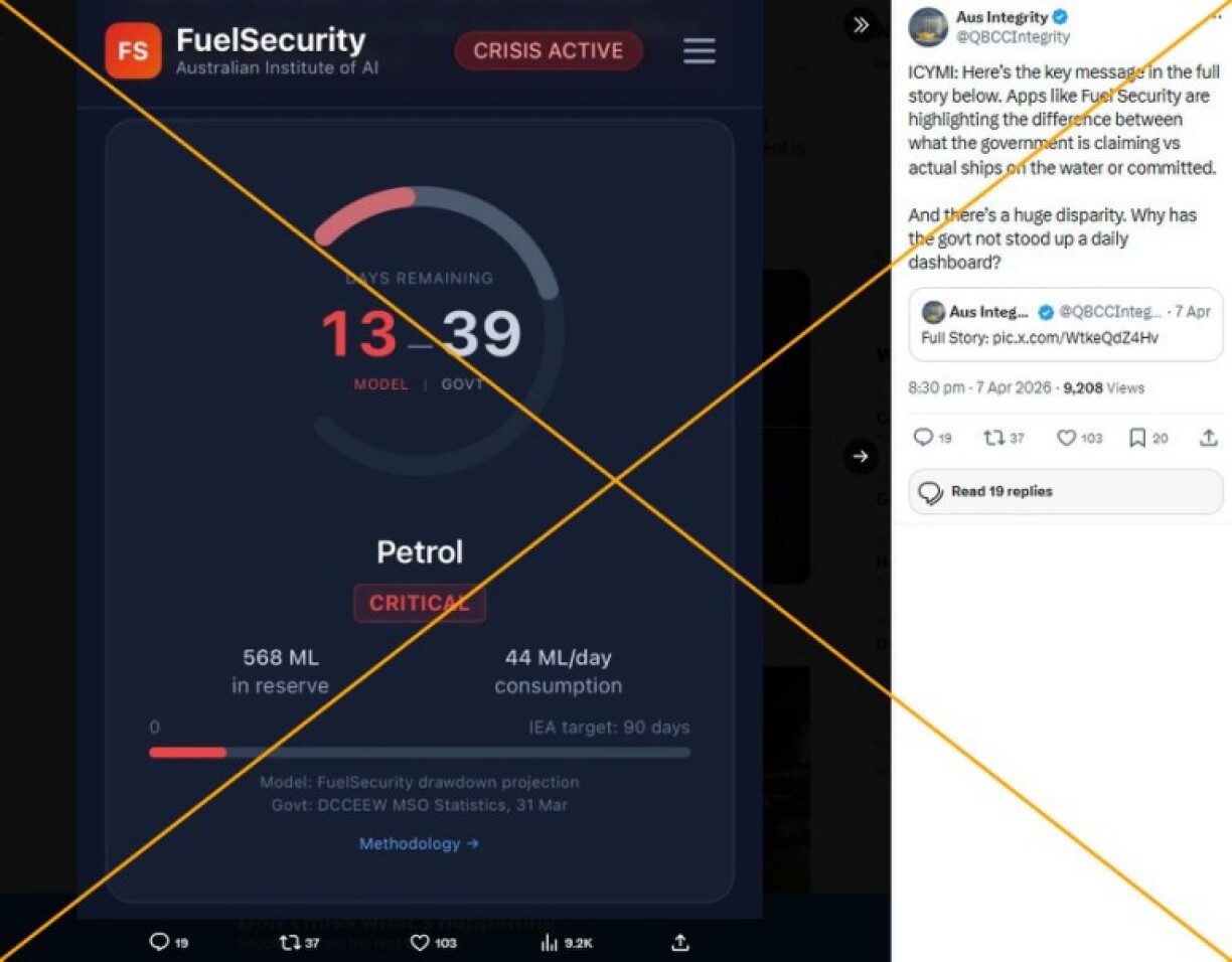 Screenshot of misleading X post taken on April 15, 2026, with the yellow X added by AFP