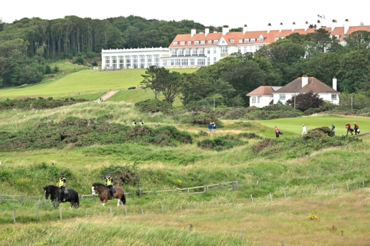 Mounted police patrolled Turnberry's golf courses ahead of Trump's visit