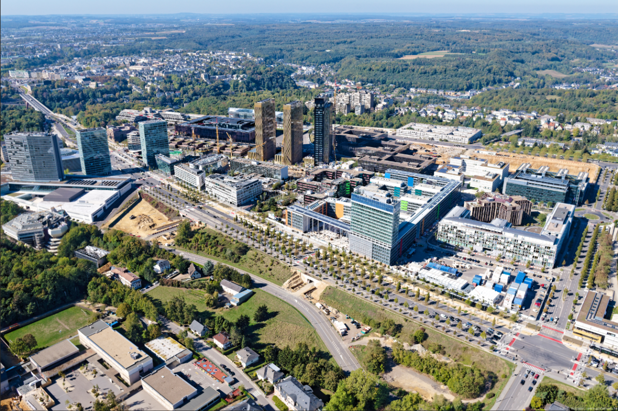 Current aerial view of Kirchberg, where the JFK Sud neighbourhood will be constructed between the boulevard and the Weimershof neighbourhood.