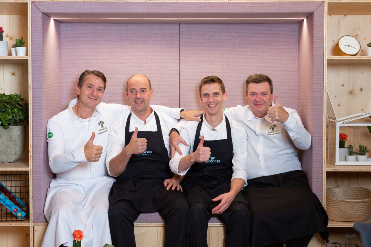 Marion Willems et René Mathieu de My Roots entourent David Rabassi, le pâtissier et Richard Brilliet, le chef, de Cocottes