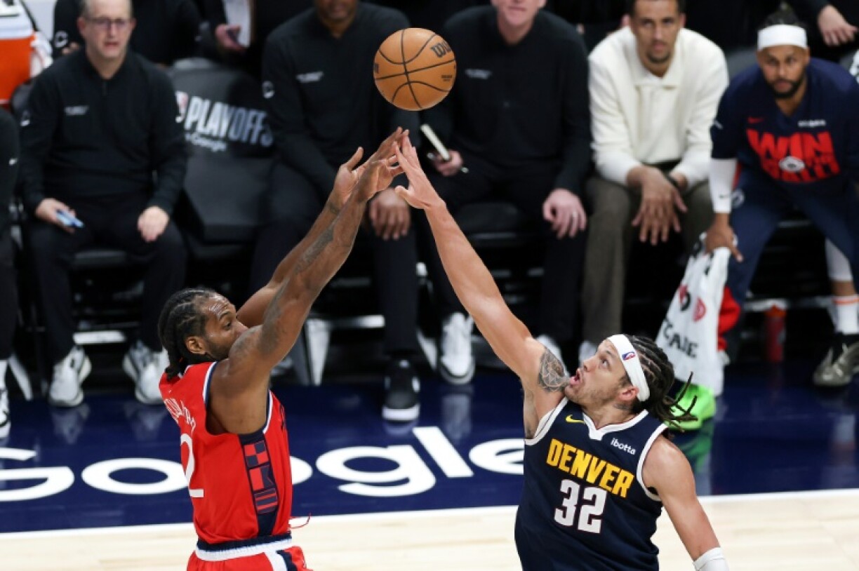 Kawhi Leonard of the Los Angeles Clippers shoots the ball over Aaron Gordon in the Clippers' victory over the Denver Nuggets in game two of their NBA playoff series