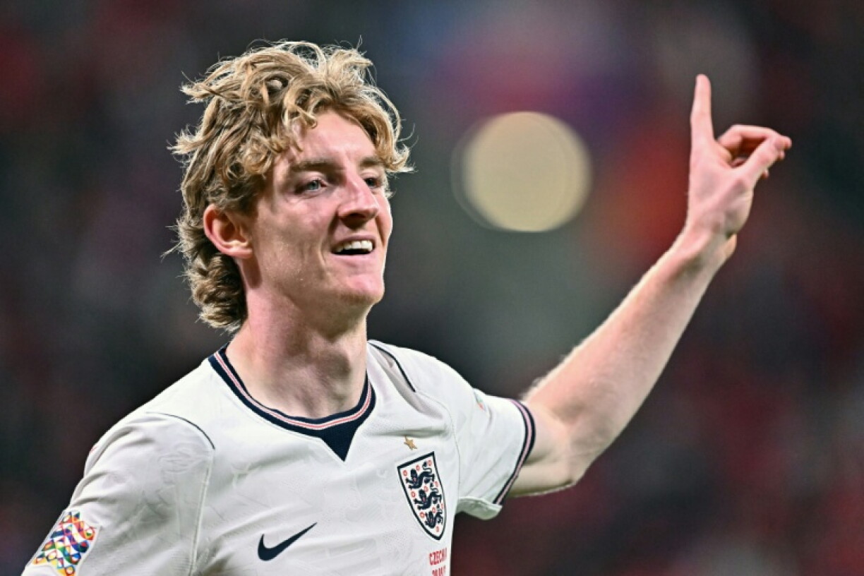 England winger Anthony Gordon celebrates scoring against the Czech Republic in Prague
