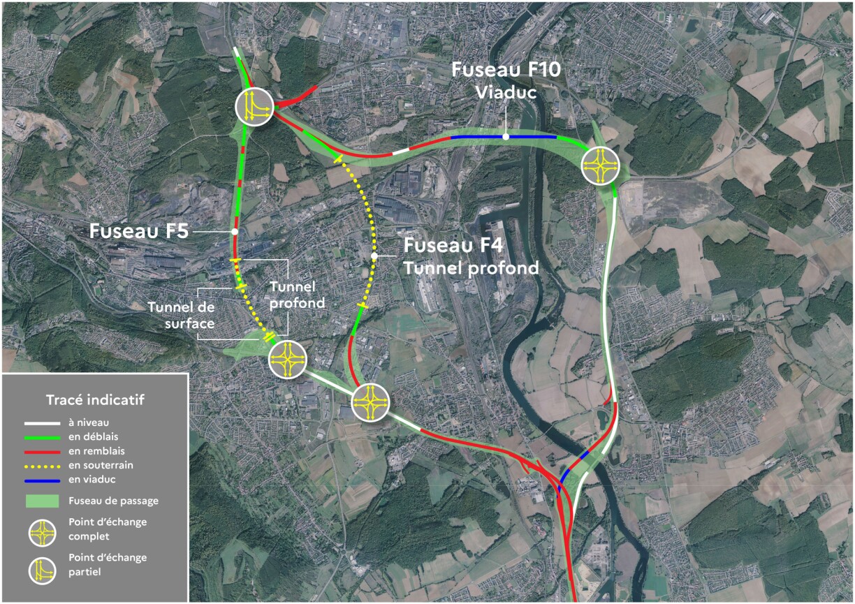 Les quatre tracés étudiés pour le contournement de Thionville.