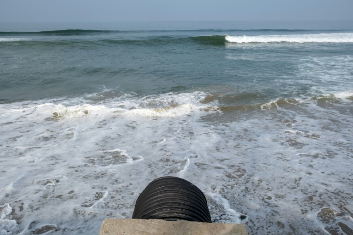 A drain pipe is seen at Playas de Tijuana in Mexico on March 21, 2024 as water shortages hit the industrial hub of Tijuana