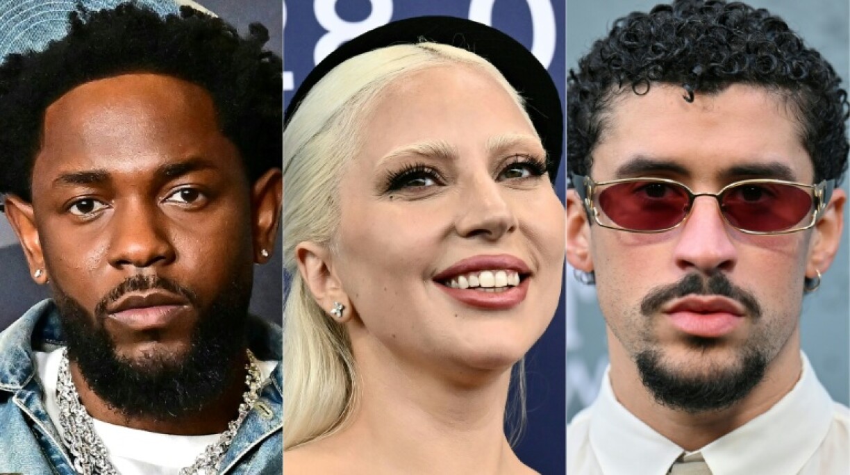 Photomontage des favoris des 68e Grammy Awards, Kendrick Lamar, Lady Gaga et Bad Bunny