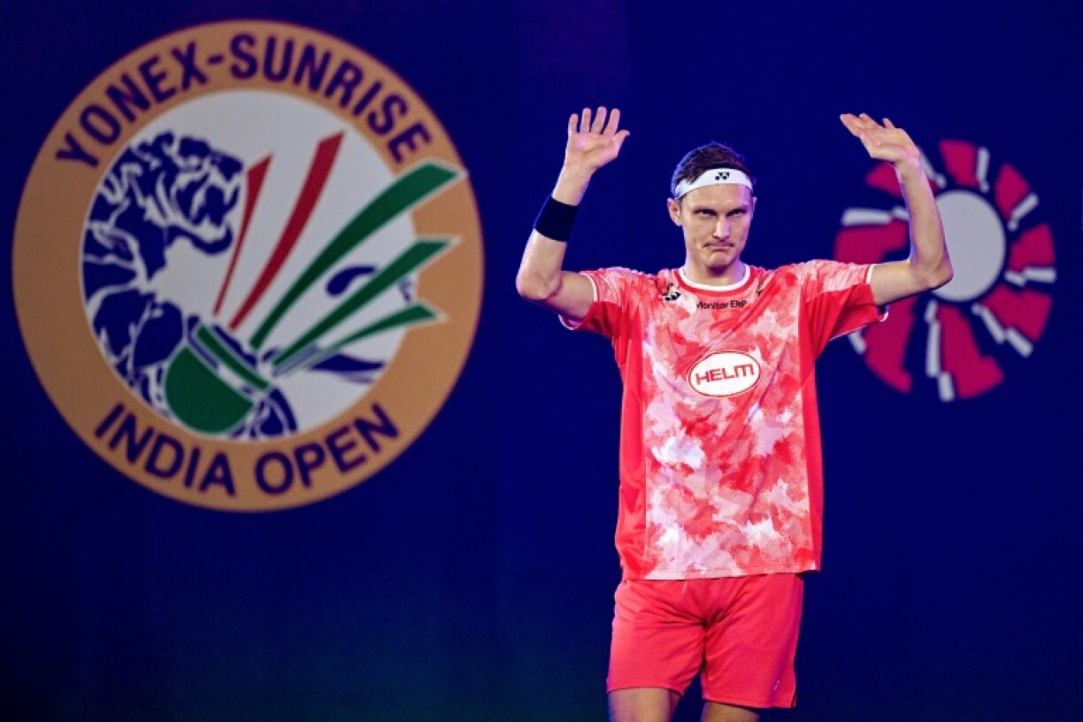 Denmark's Viktor Axelsen celebrates after his win in Delhi