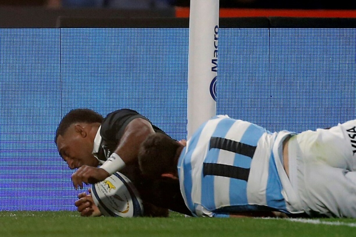 New Zealand All Blacks wingerSevu Reece scores a try in a victory over Argentina in the 2025 Rugby Championship