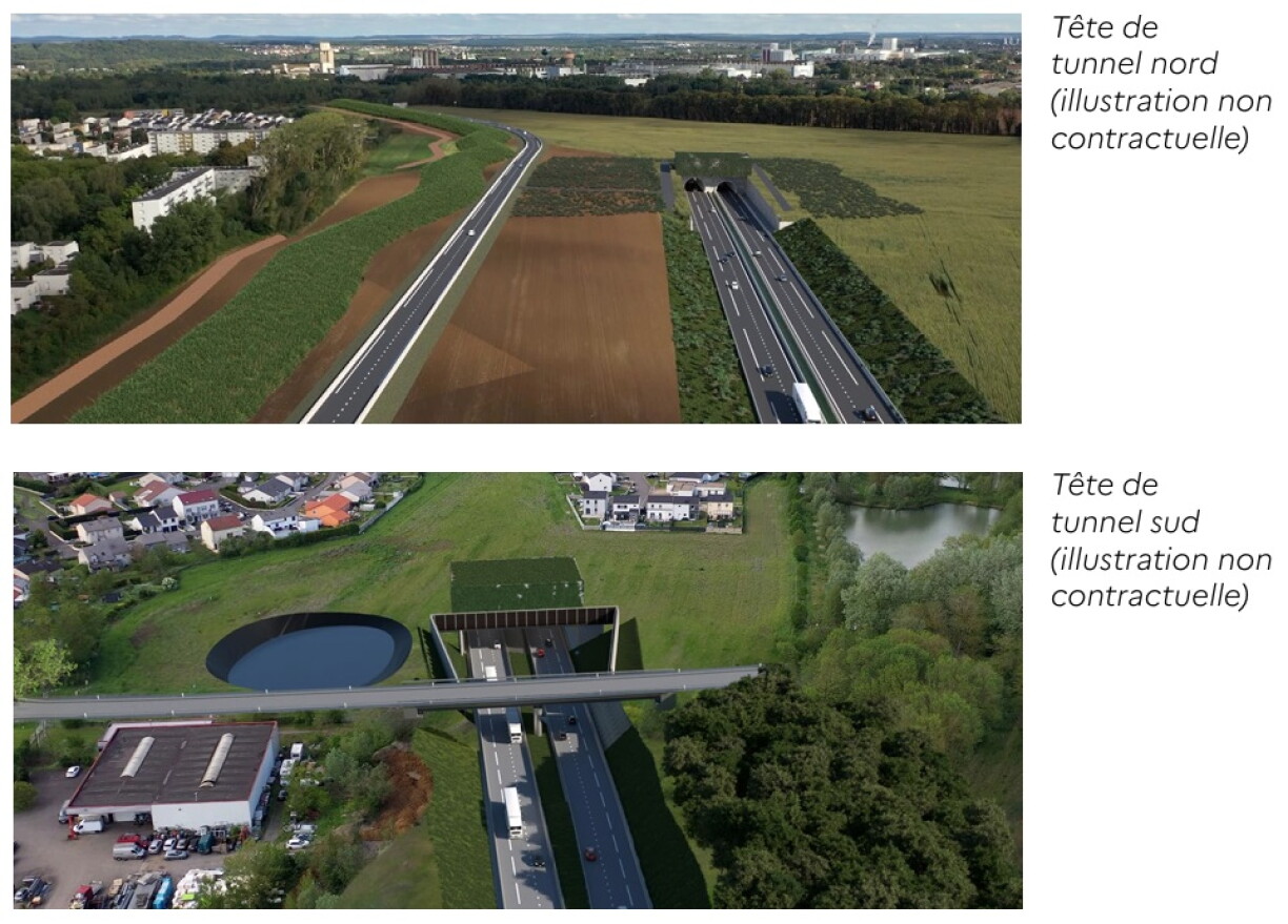 Visuels d'illustration des entrées du tunnel de l'A31bis. En haut, l'entrée "sud" du tunnel, à Florange, et en bas, l'entrée "nord" près de Terville et du domaine de Bétange.