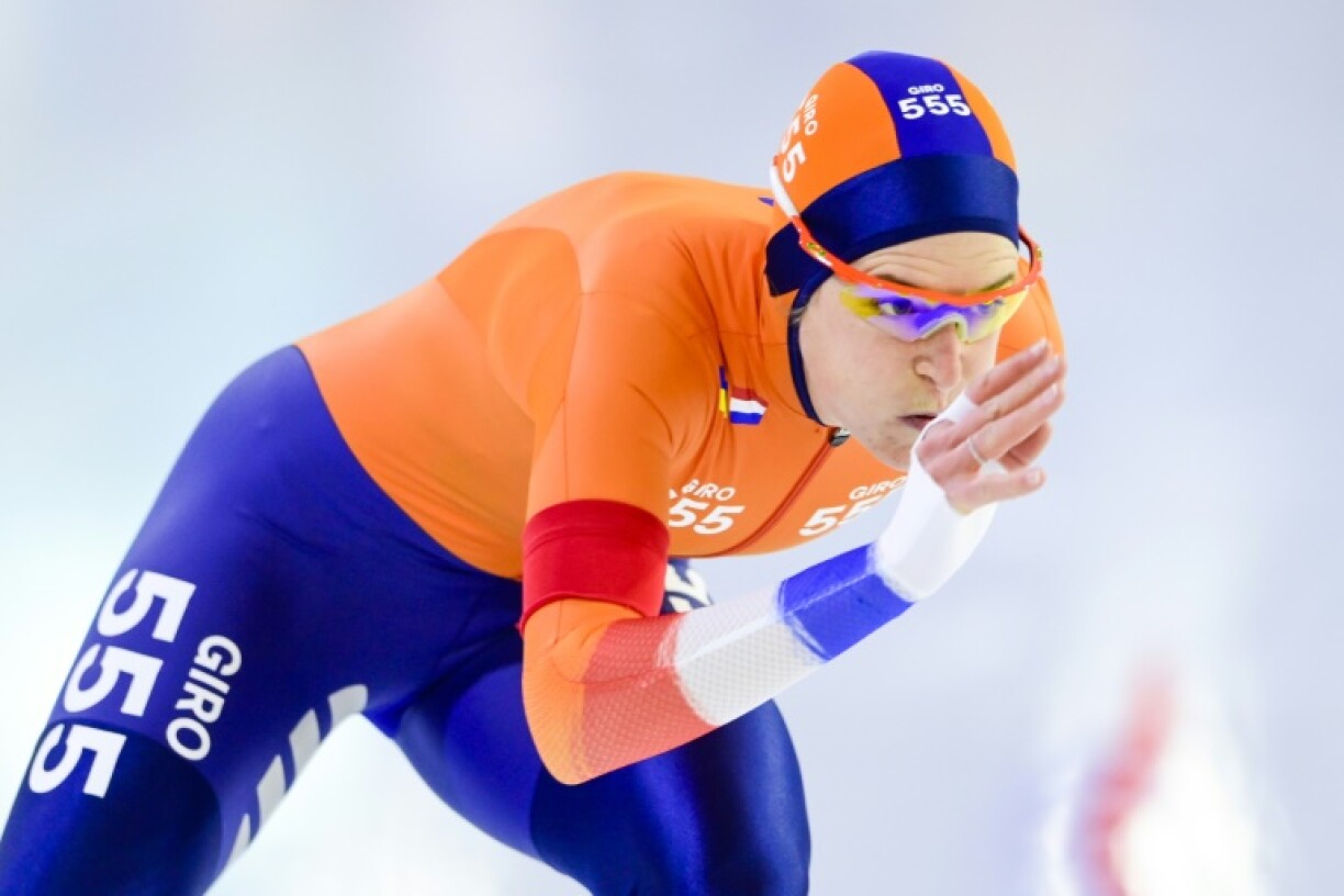La multichampionne Ireen Wüst dans l'épreuve du 1500 m de patinage de vitesse en Coupe du monde à Thial (Pays-Bas), le 12 mars 2022