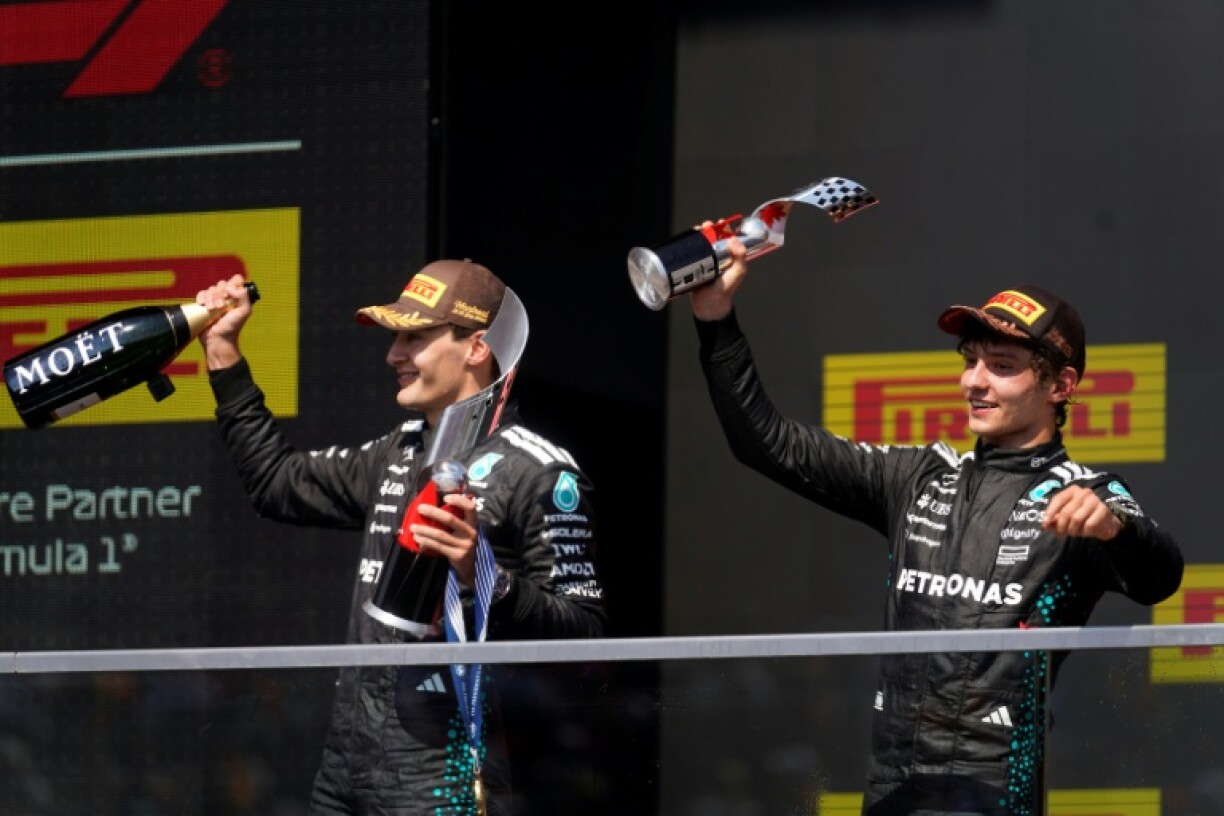 George Russell (L) and teammate Kimi Antonelli (R) after June's Canada Grand Prix