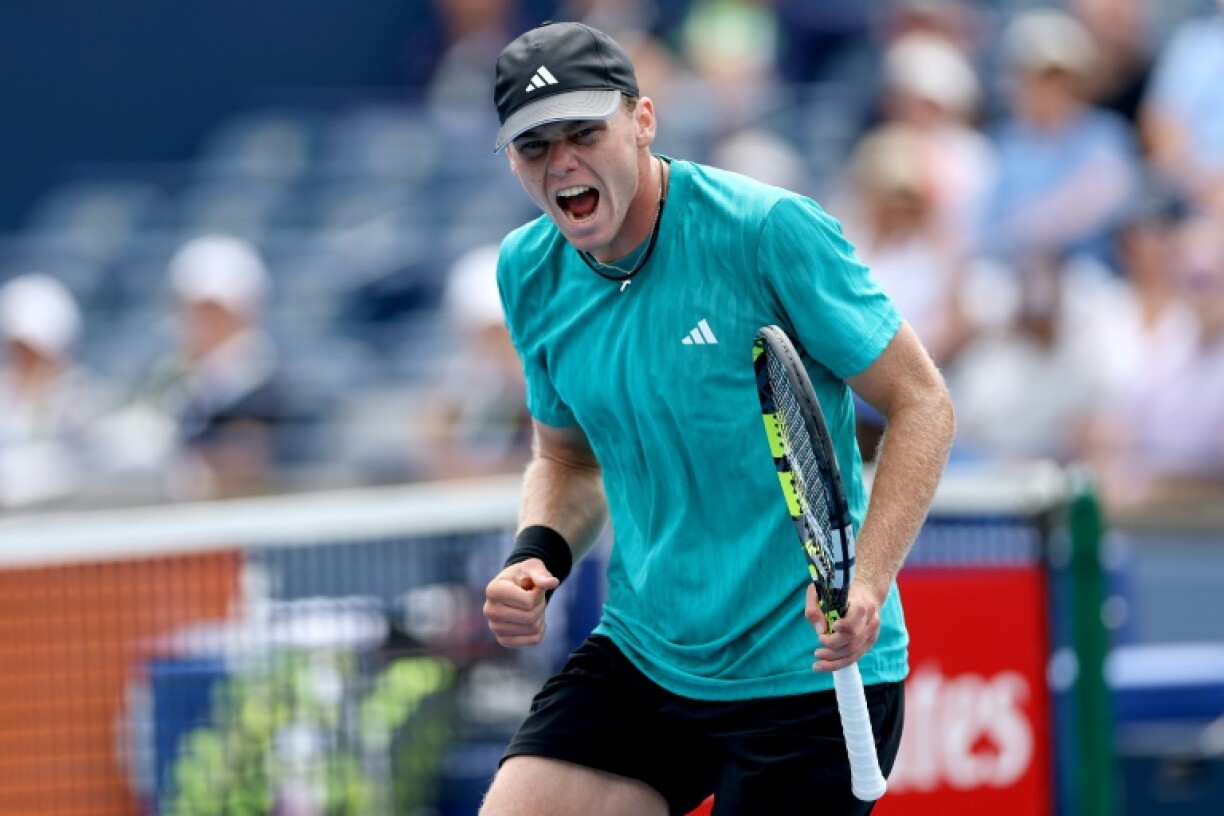 American Alex Michelsen celebrates a point in his upset win over Italian Lorenzo Musetti at the ATP Toronto Masters