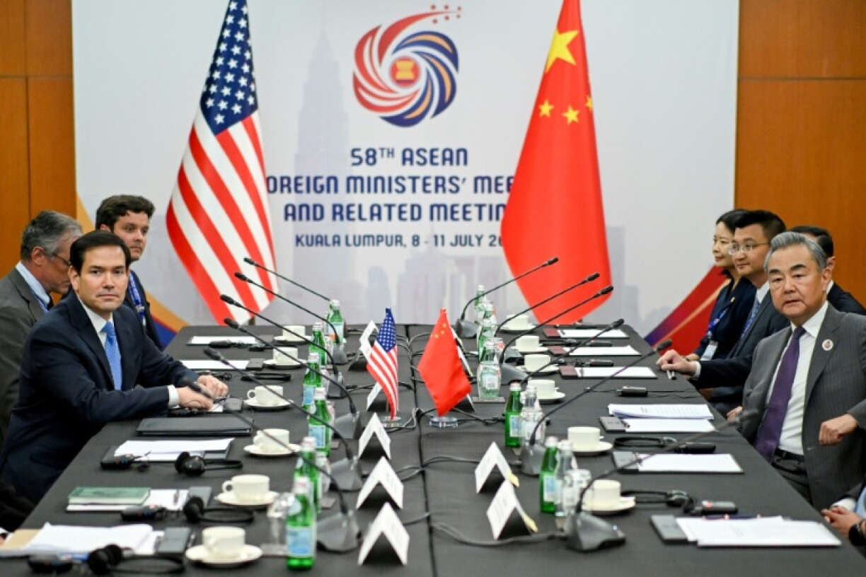 US Secretary of State Marco Rubio (front left) with China's Foreign Minister Wang Yi (right) during the 58th ASEAN Foreign Ministers meeting in Kuala Lumpur on July 11