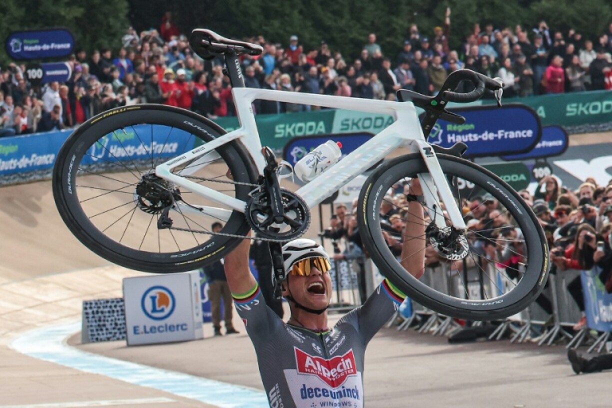 Mathieu van der Poel after winning a key race in his career at Roubaix Sunday