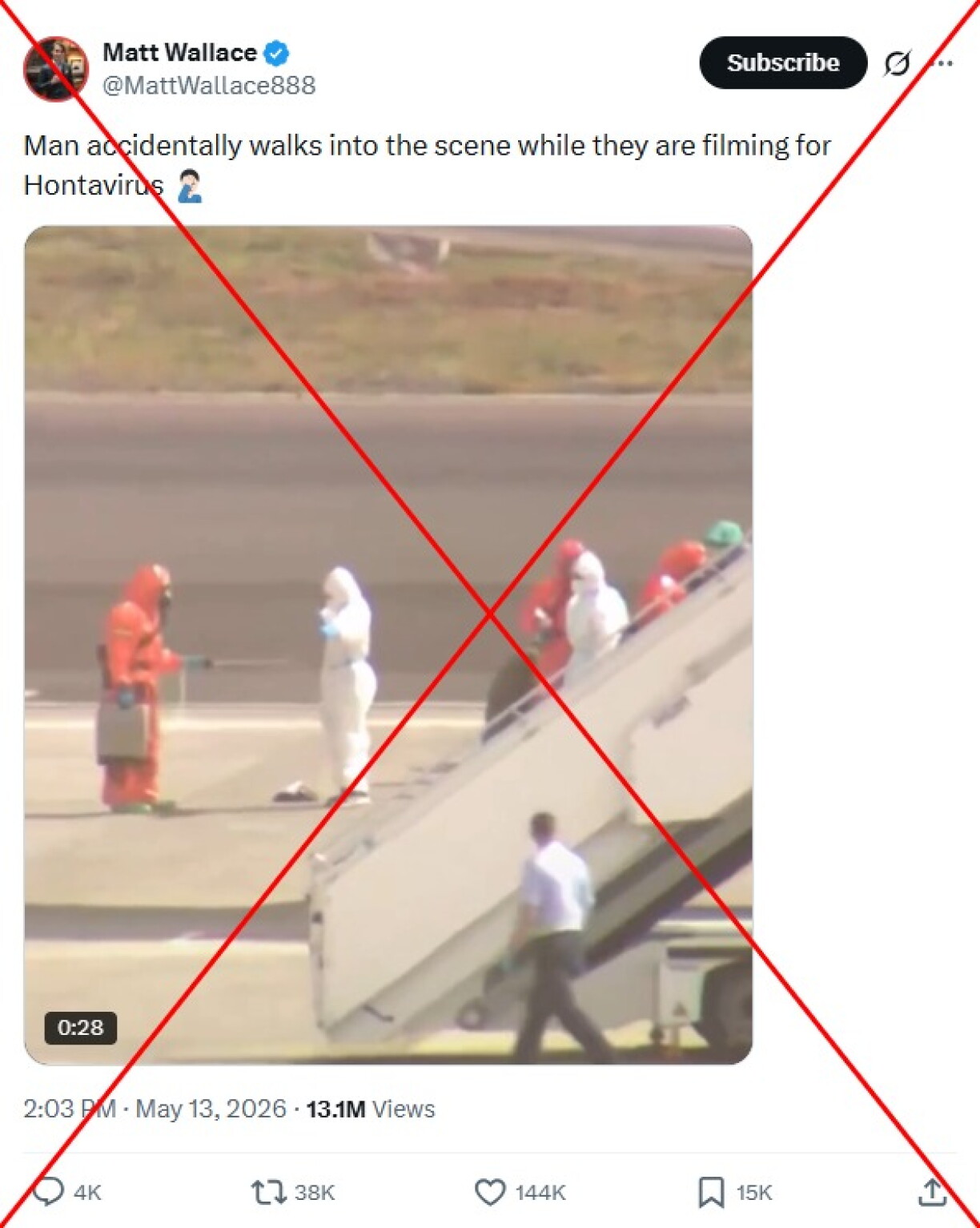 Screenshot of the false post captured on May 25, 2026, with a red X added by AFP