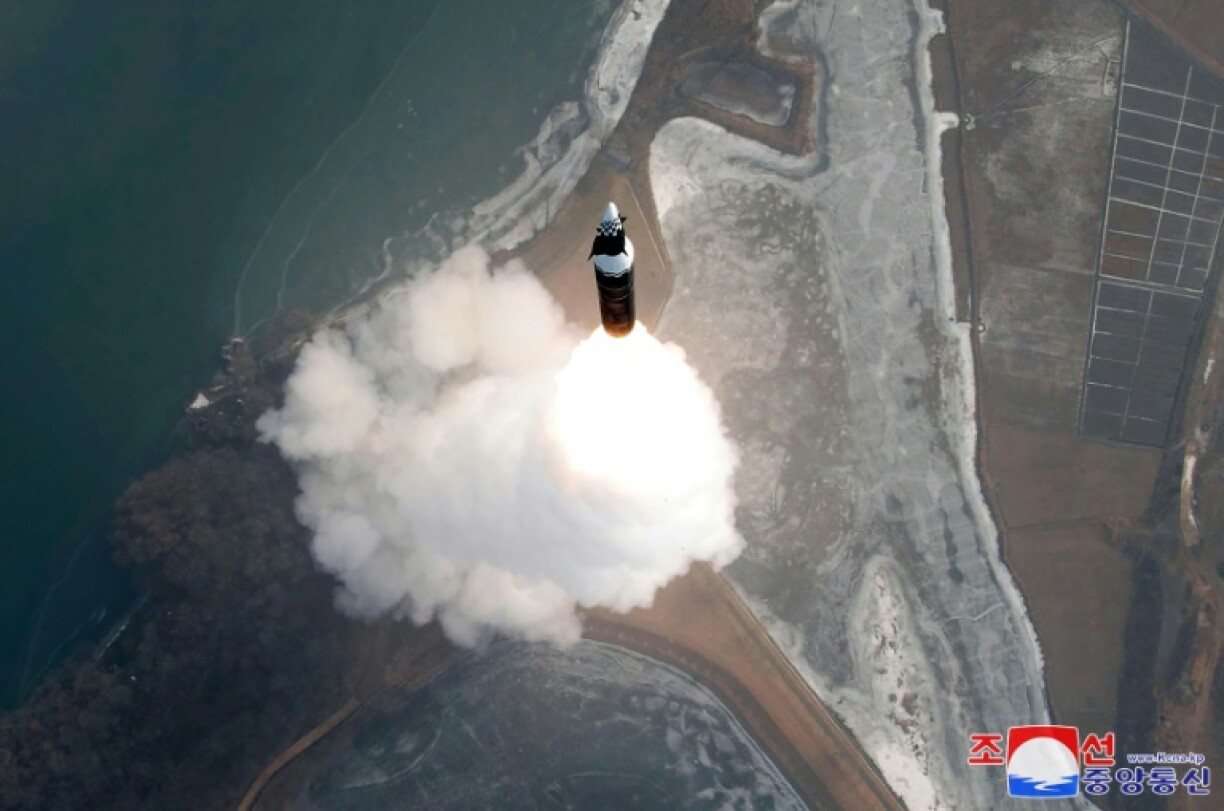 This picture released from North Korea's official Korean Central News Agency shows the launch of a hypersonic missile at an undisclosed location