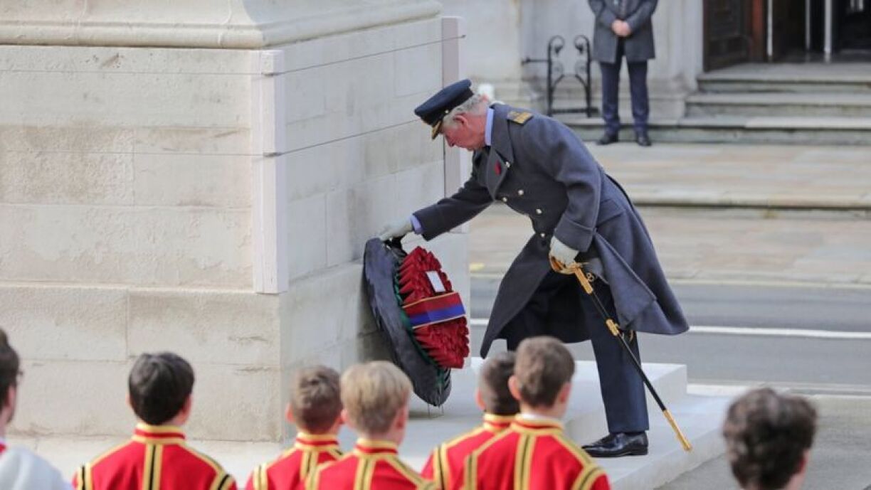 The Prince of Wales placing a wreath at the Cenotaph in London's Whitehall.