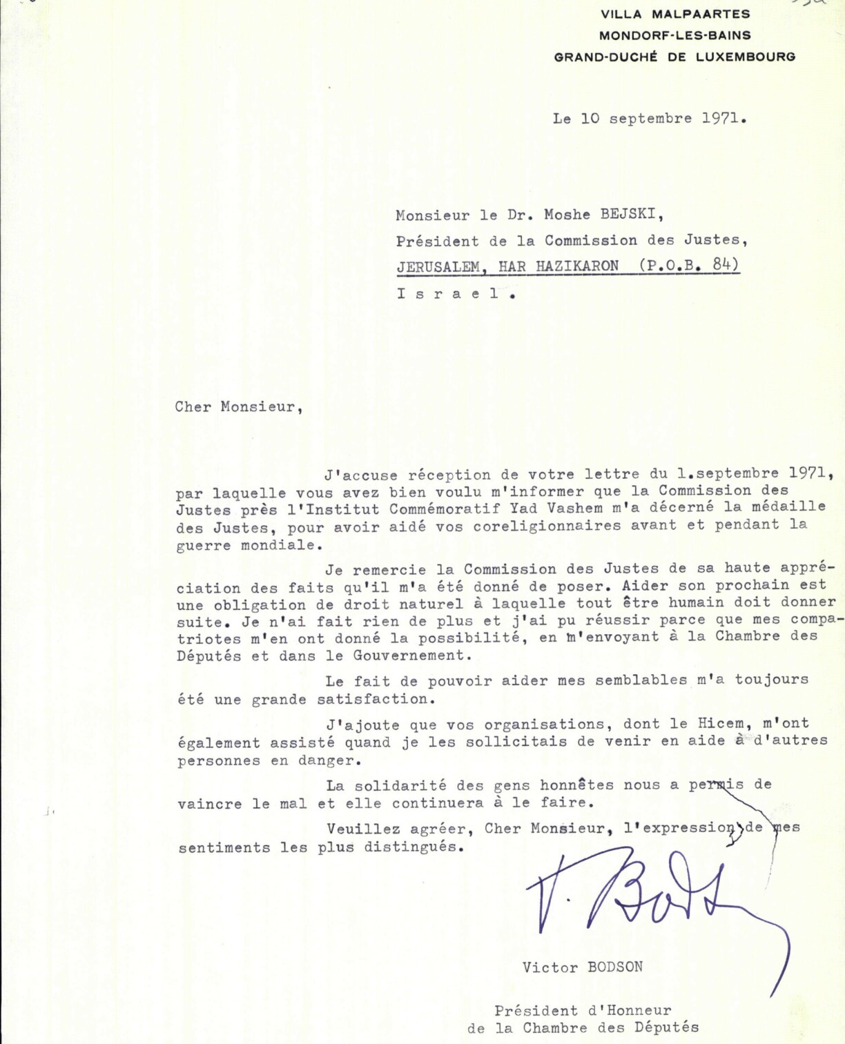 Bodson’s letter of thanks to Yad Vashem.