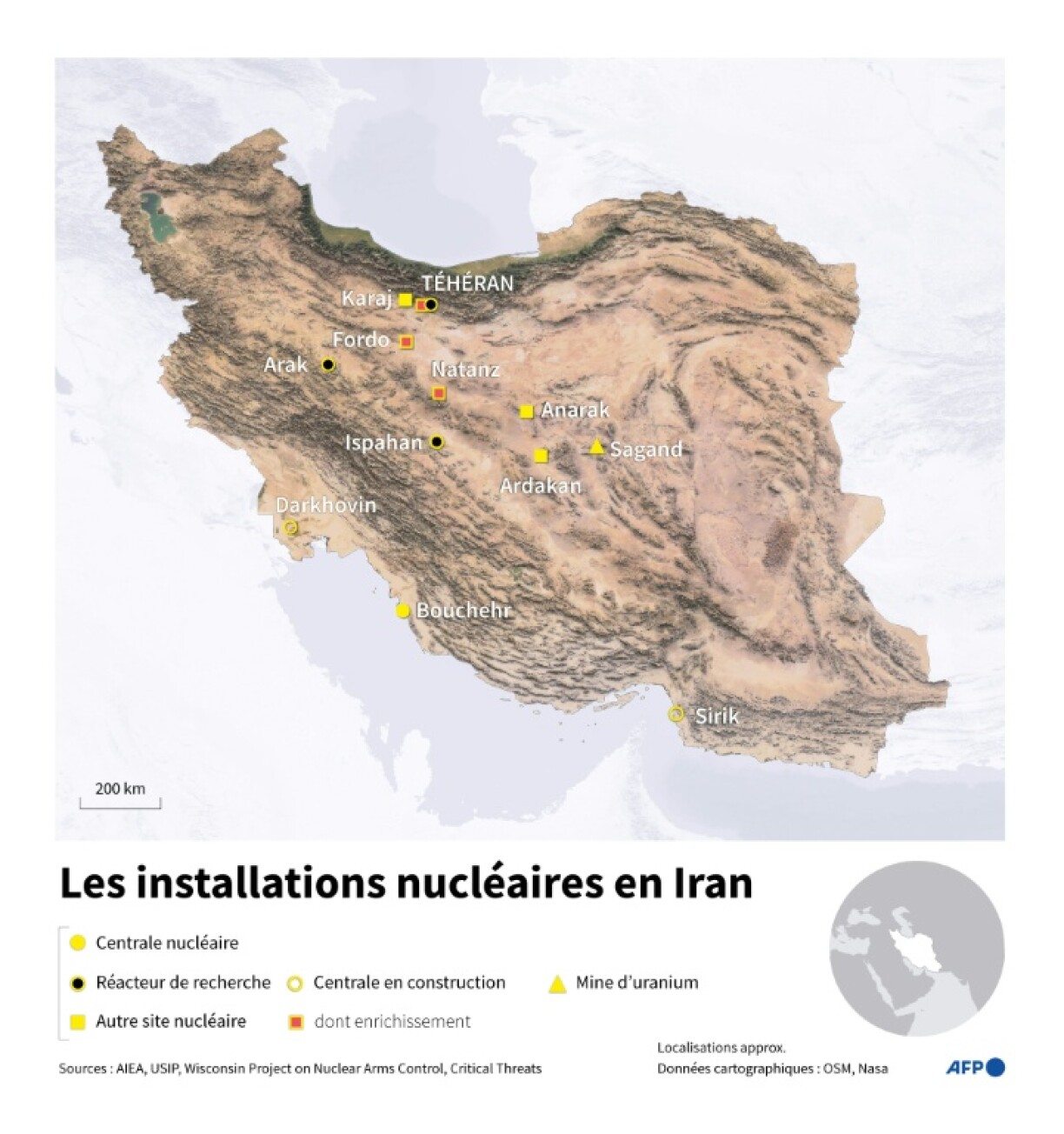 Carte de l'Iran montrant les sites nucléaires, réacteurs et mines d'uranium