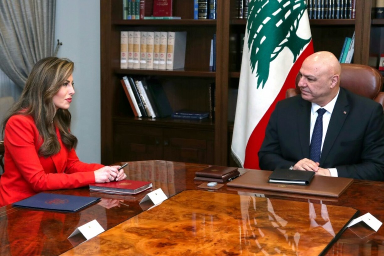 Lebanese President Joseph Aoun (R) meets with US deputy special envoy to the Middle East Morgan Ortagus in Beirut on Friday