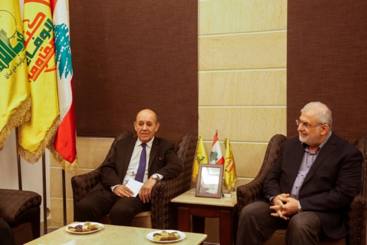 France's envoy to Lebanon Jean-Yves Le Drian (left) met Lebanese lawmaker Mohammed Raad, head of the Hezbollah parliamentary bloc