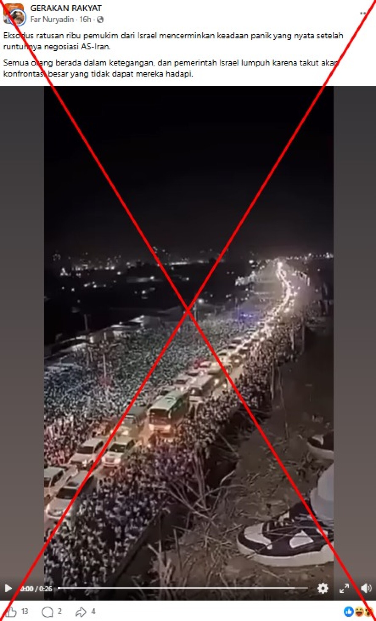 Screenshot of false Facebook post, taken on April 14, with a red X mark added by AFP