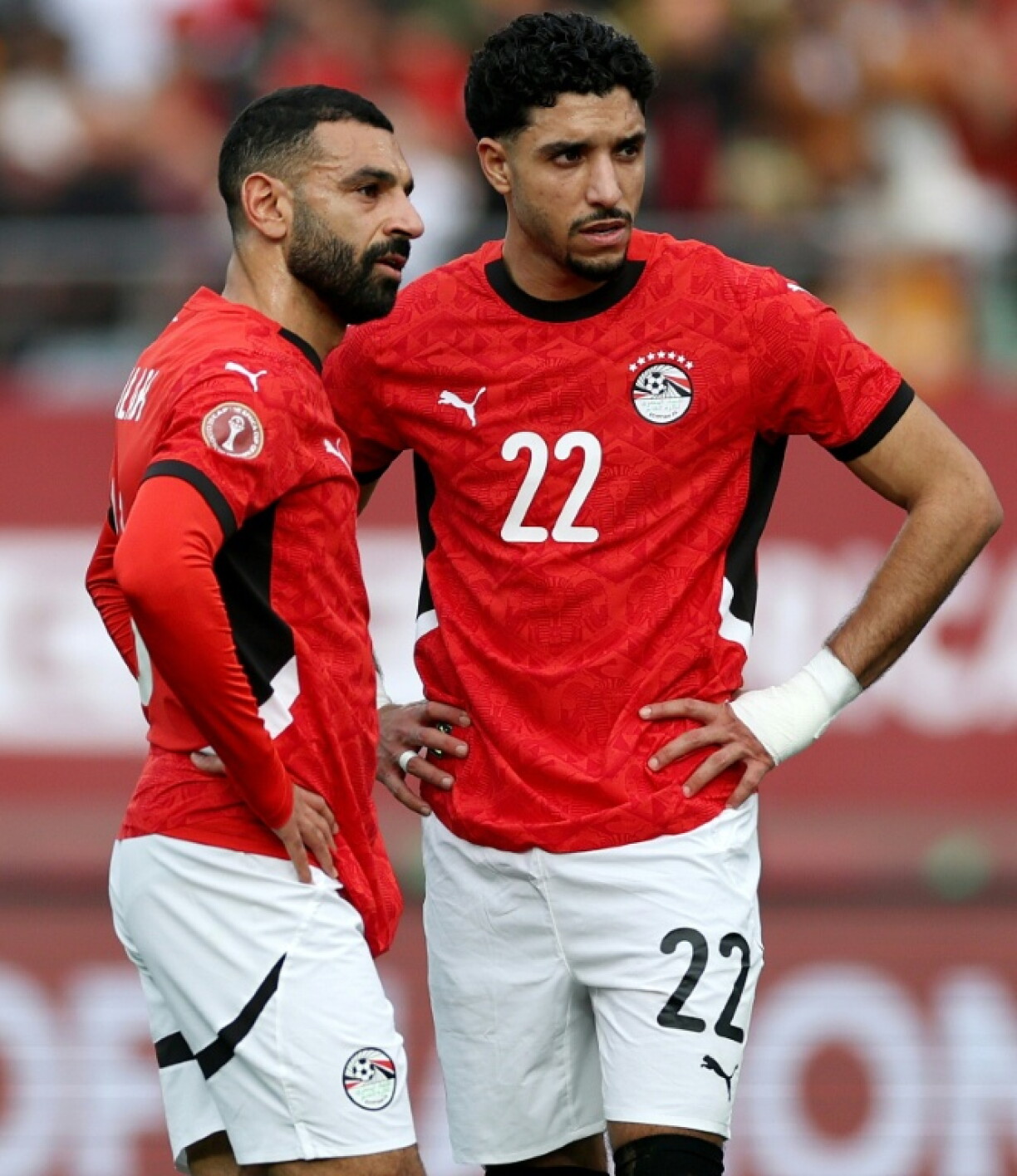 Mohamed Salah et Omar Marmoush, les deux attaquants phares de l'Egypte, lors du match de Coupe d'Afrique des nations face à l'Afrique du Sud, le 26 décembre 2025
