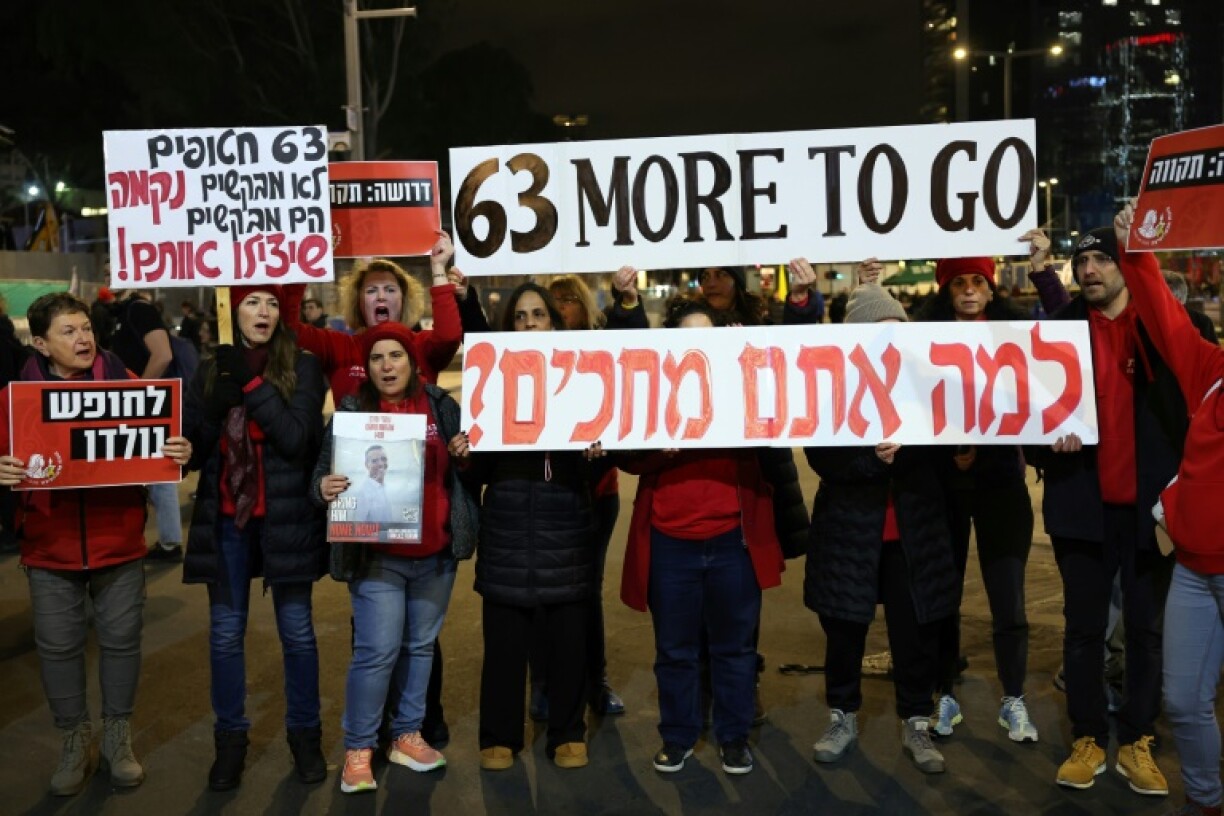 Demonstrators in Tel Aviv protest for the release of all remaining hostages held captive in Gaza, after militants freed several more as part of a ceasefire deal
