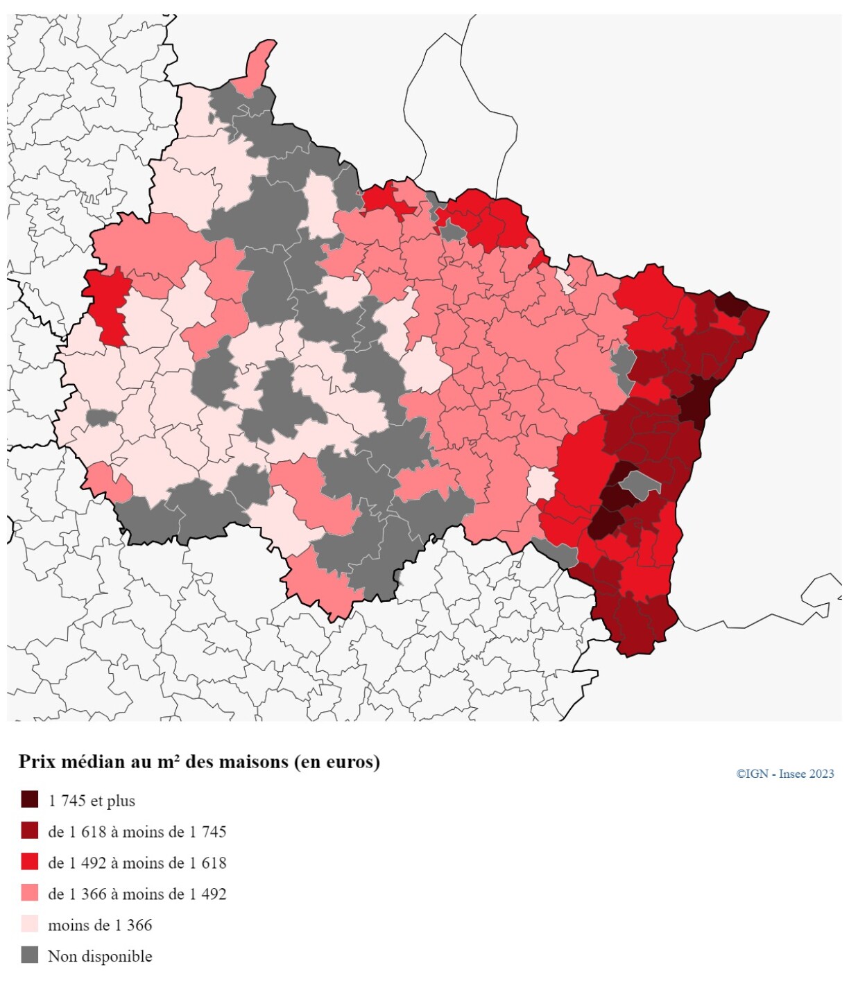 Pour les maisons, les prix sont également élevés en Alsace et à proximité de la frontière luxembourgeoise.