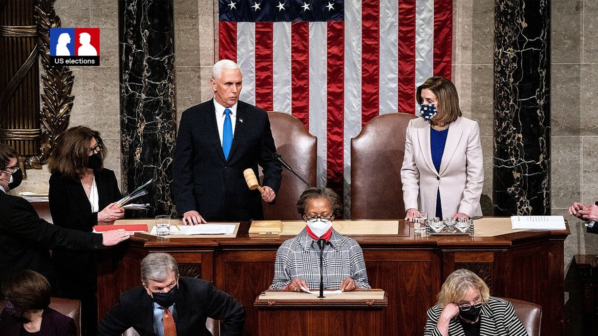 Vice President Mike Pence and House Speaker Nancy Pelosi preside over a Joint Session of Congress to certify the 2020 Electoral College results after supporters of President Donald Trump stormed the Capitol earlier in the day on 6 January 2021.