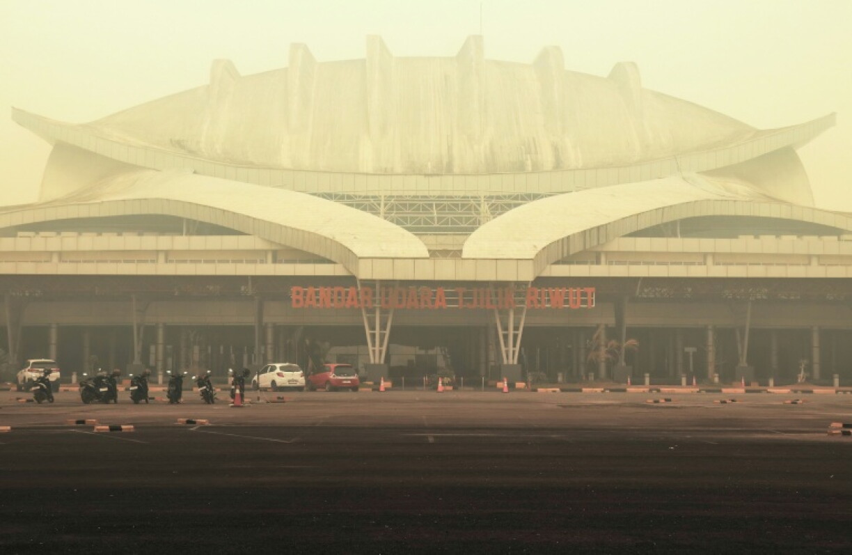 The facade of Tjilik Riwut Airport is enveloped in haze in Palangkaraya, Central Kalimantan, on September 24, 2026