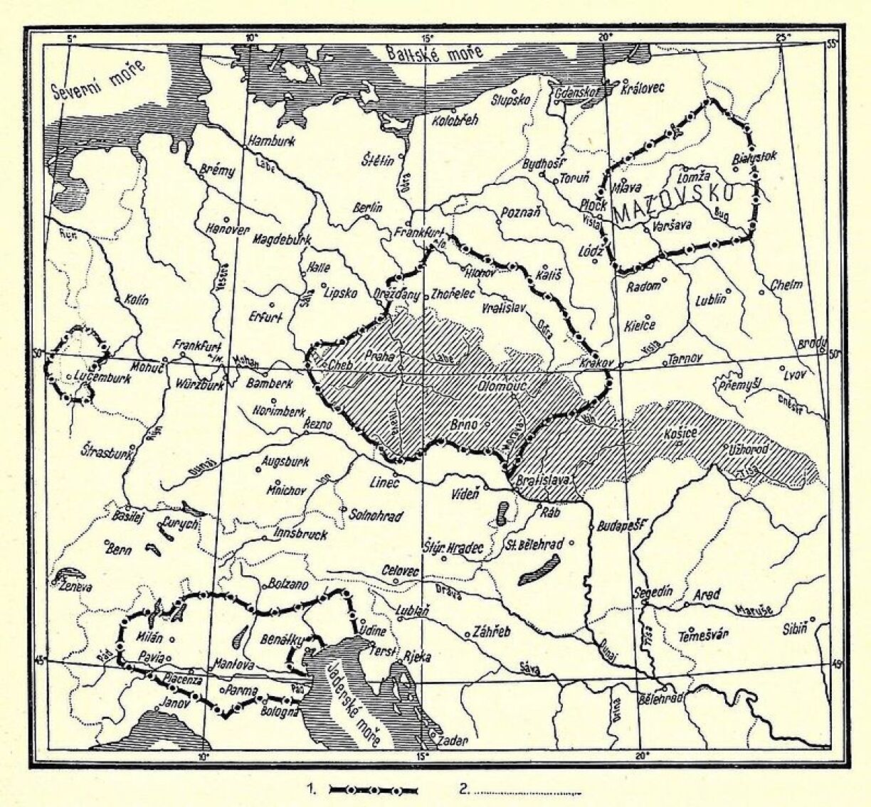 A Bohemia map showing John the Blind's diverse territories (encircled), with the 20th century state of Czechoslovakia in grey.