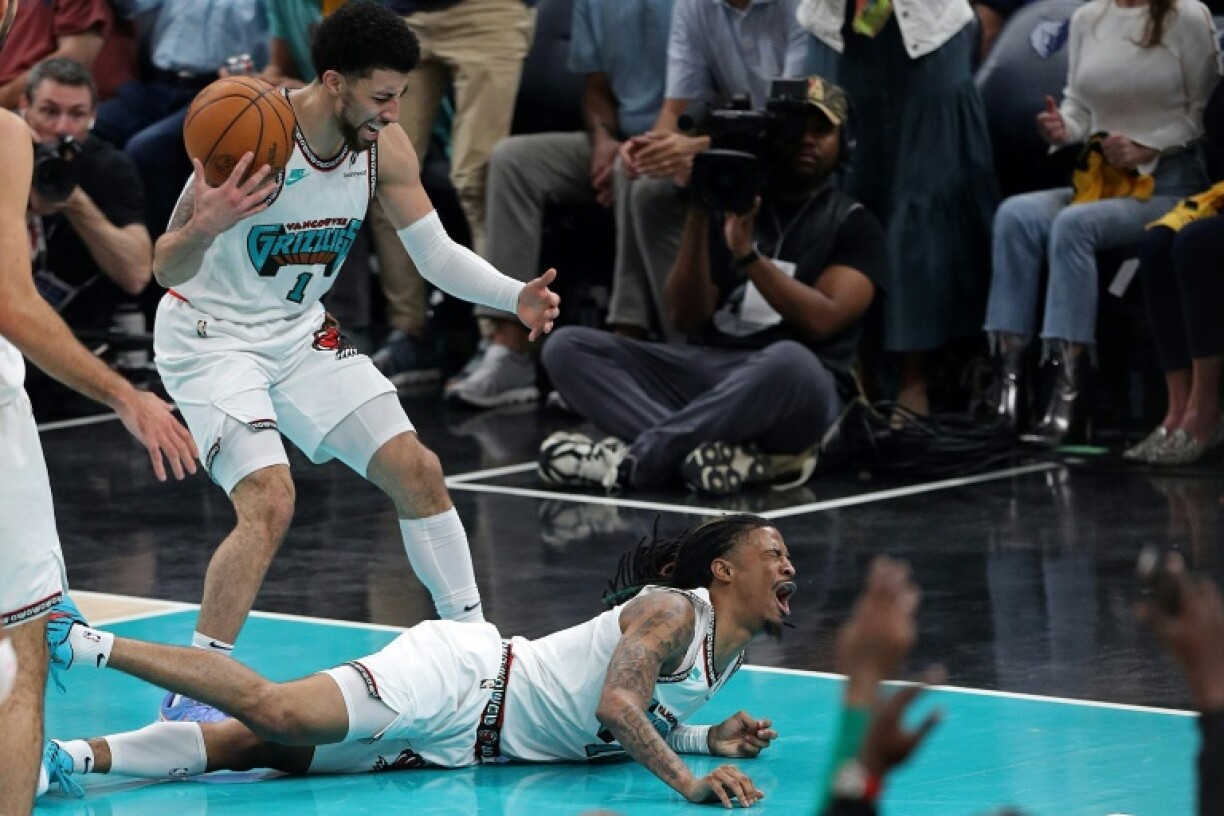 Ja Morant of the Memphis Grizzlies reacts after a hard fall during game three of the Grizzlies' NBA playoff series against the Oklahoma City Thunder
