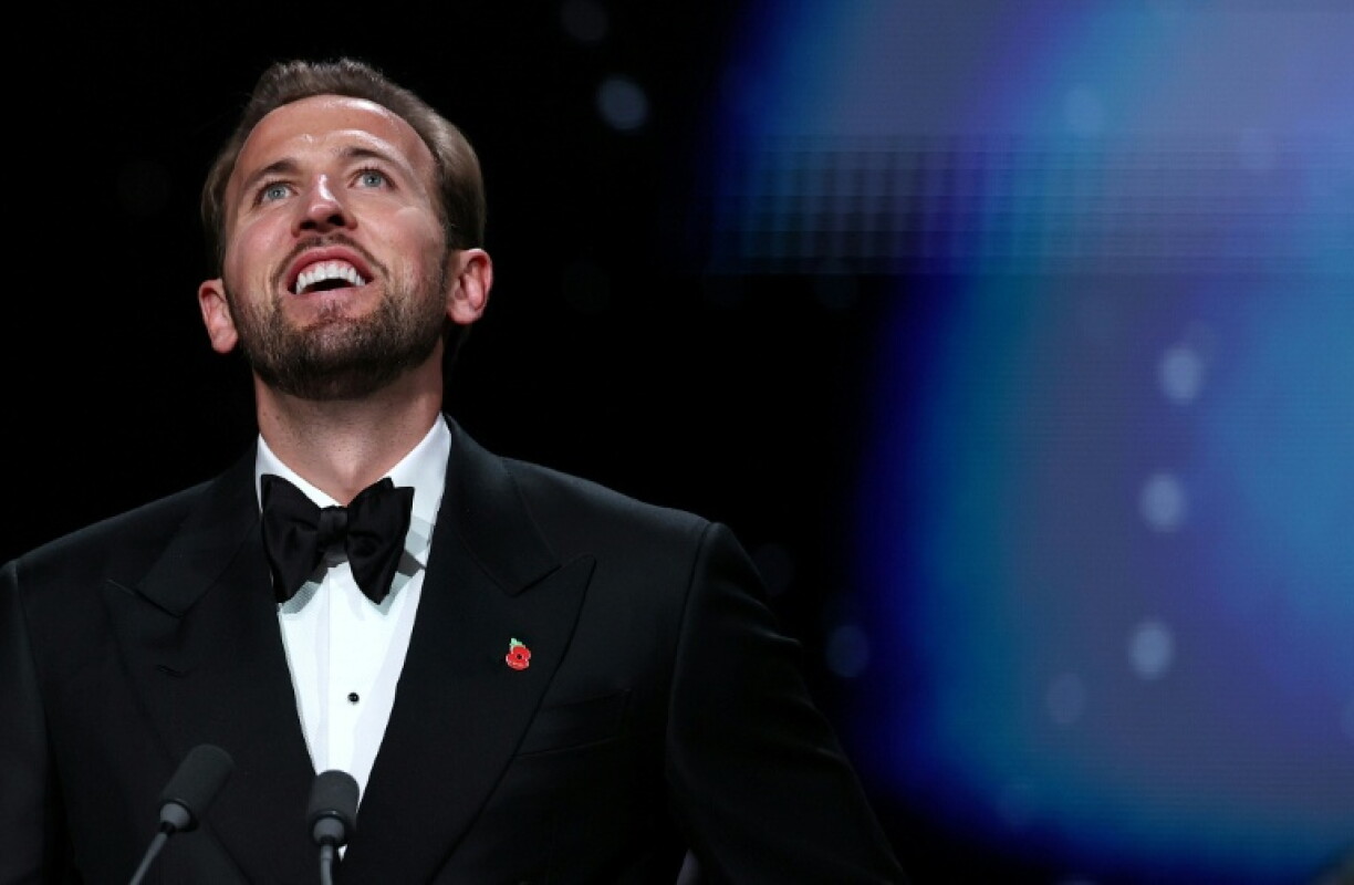 Bayern Munich forward Harry Kane reacts after winning the Ballon d'Or in London on Monday.