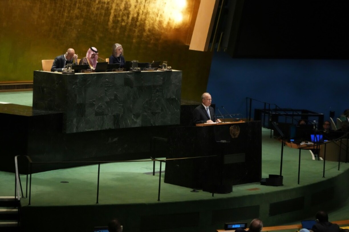 Le Premier ministre palestinien Mohammad Mustafa lors d'une conférence sur la solution à deux Etats, israélien et palestinien, au siège de l'ONU, à New York, le 28 juillet 2025