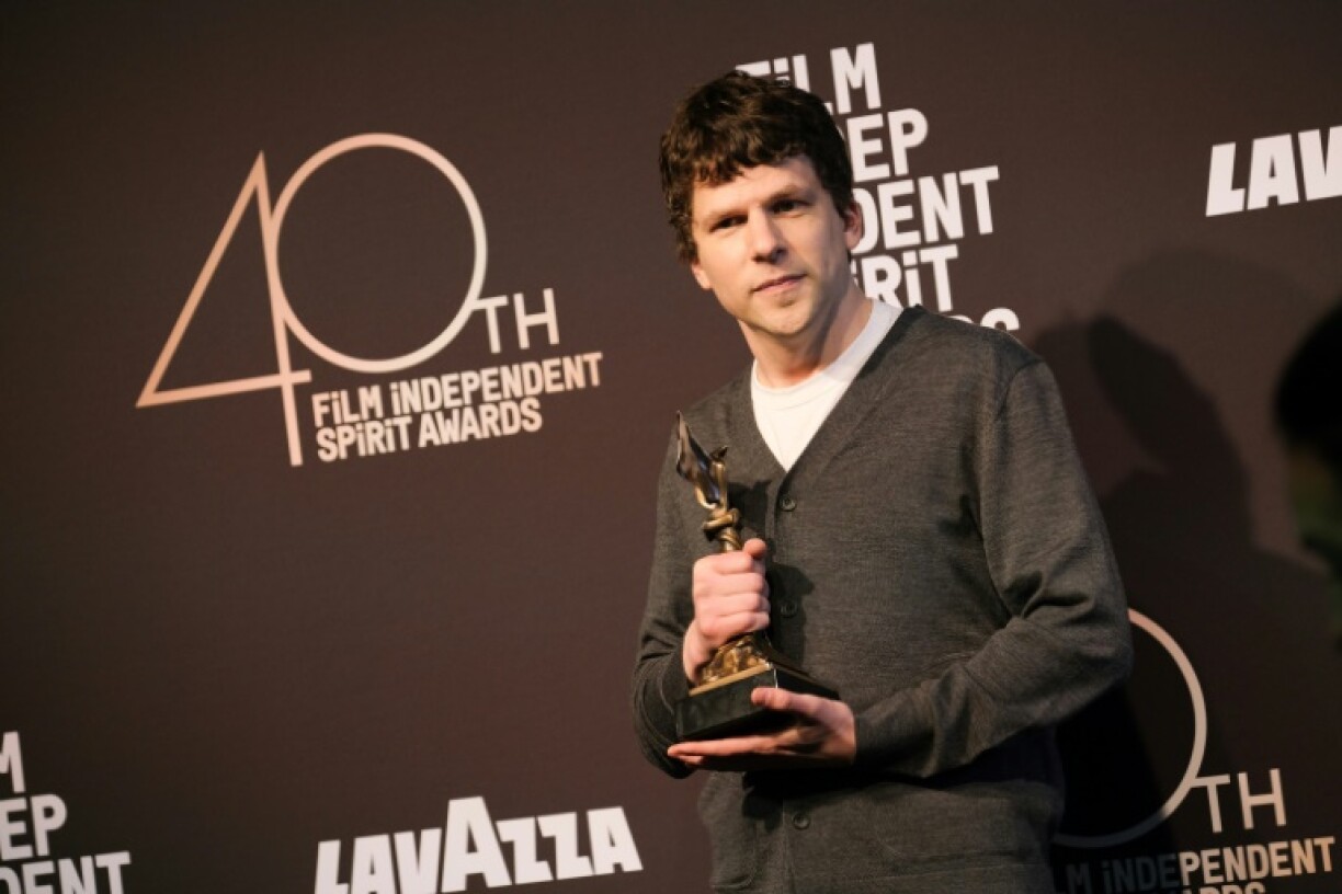 US actor/writer Jesse Eisenberg holds the award for Best Screenplay for 'A Real Pain'