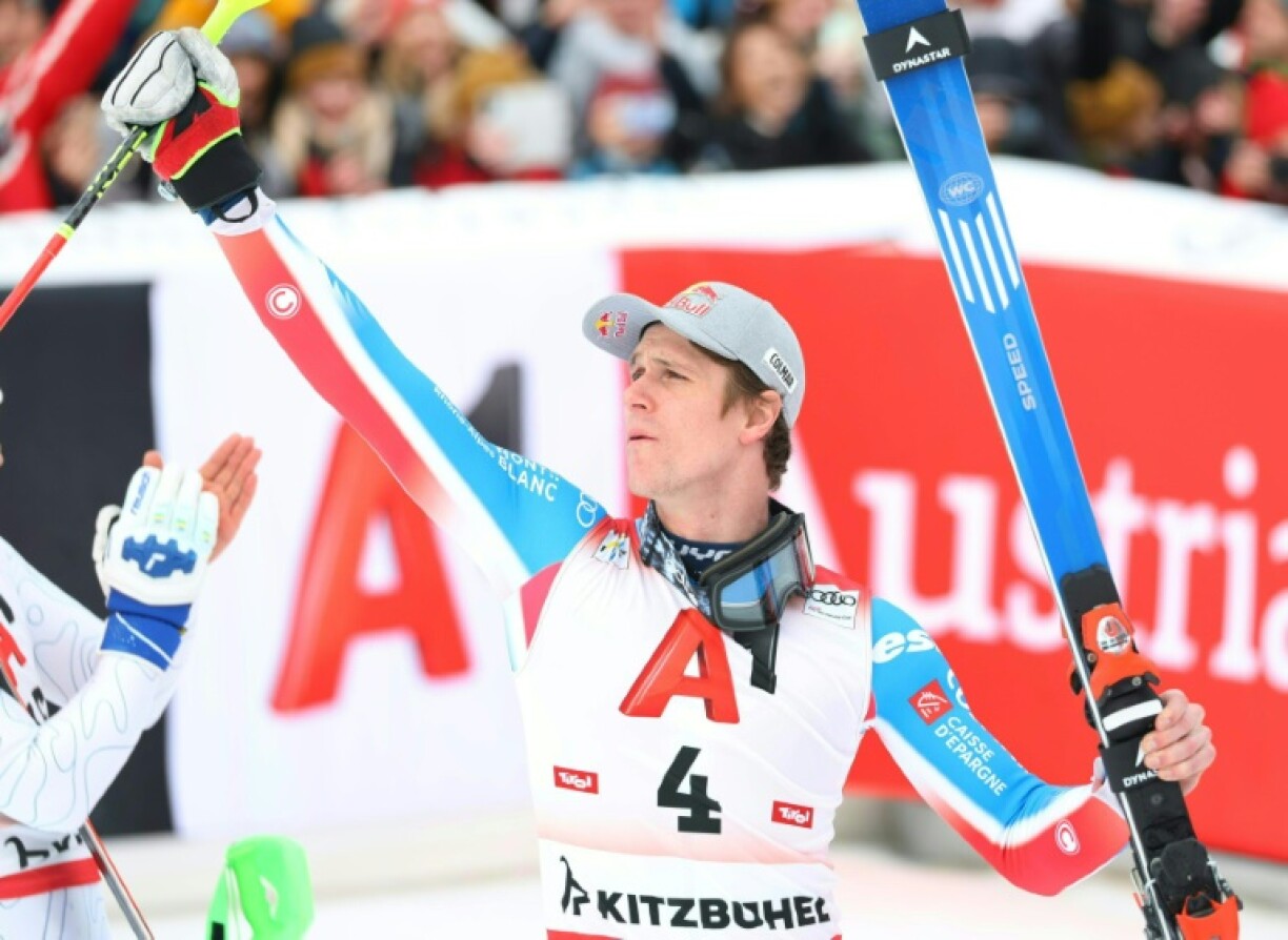 France's Clement Noel reacts in the finish area after the second run of the men's slalom in Kitzbuehel