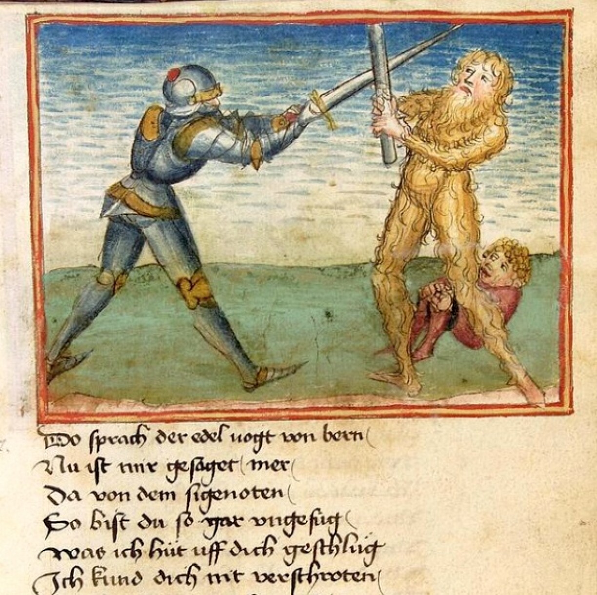Dietrich von Bern frees a dwarf from the power of a wild man.