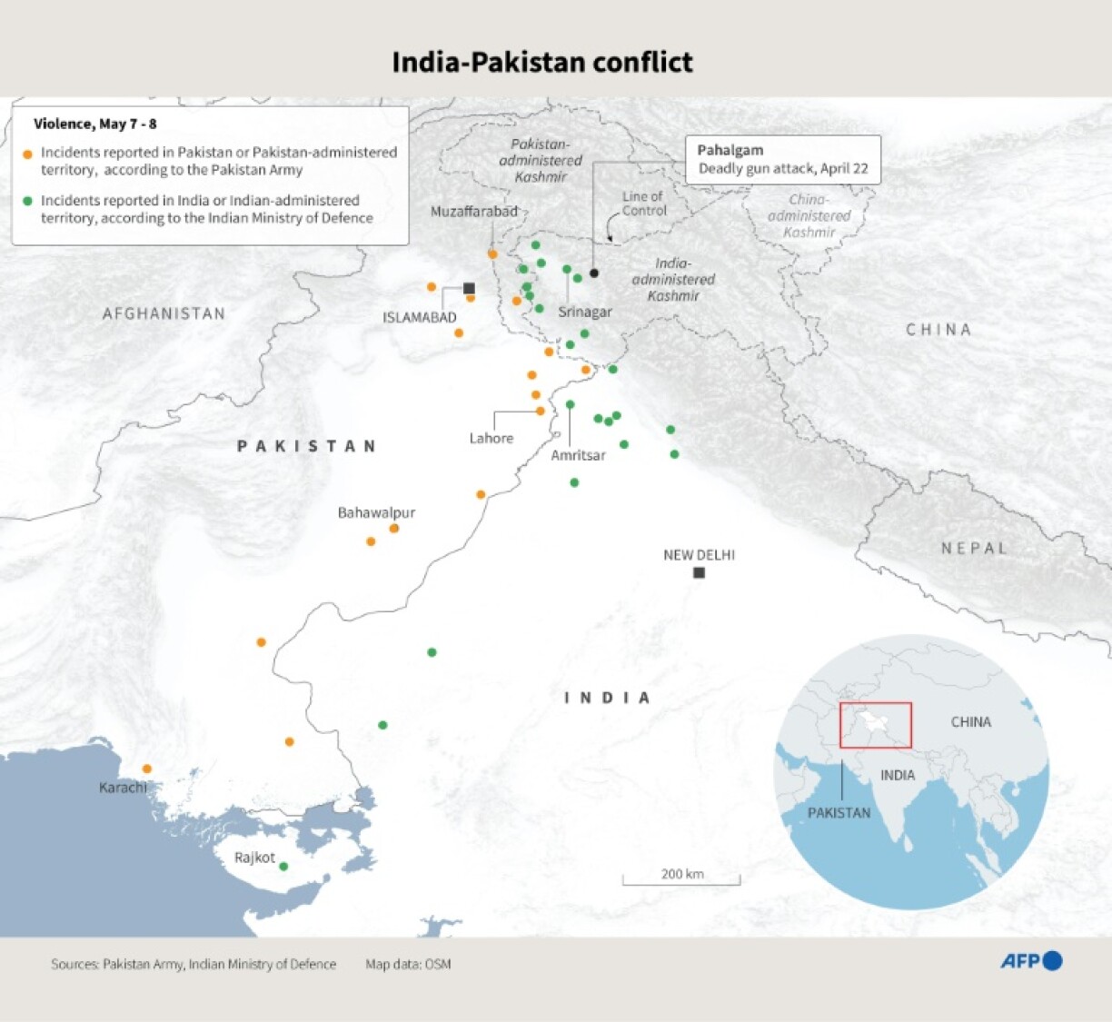 Updated map showing incidents of of violence on May 7-8, 2025 in the Kashmir region and in Pakistan and India, according to officials