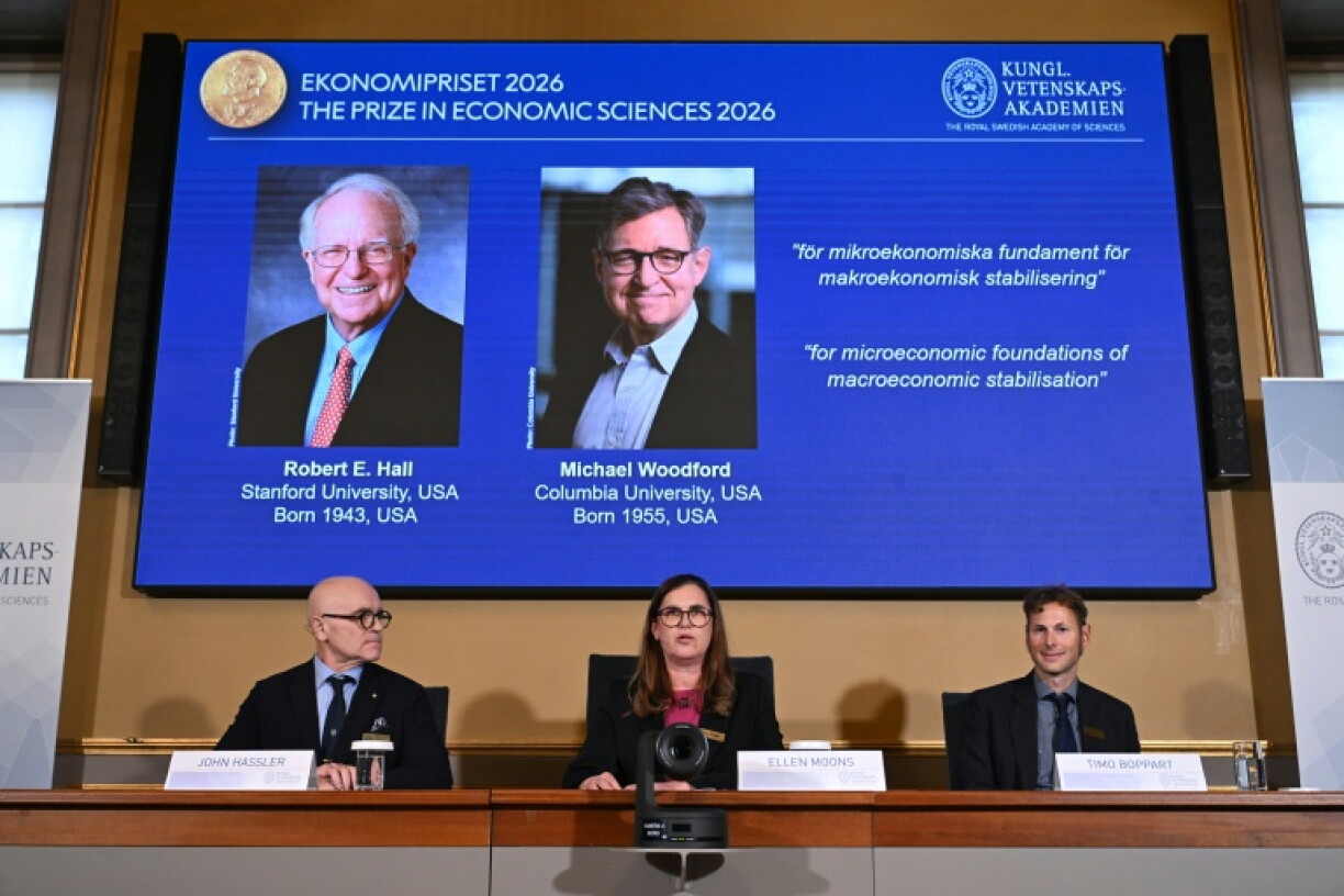 Announcing the 2026 Nobel economics prize winners Robert Hall and Michael Woodford at the Academy of Sciences in Stockholm on Monday