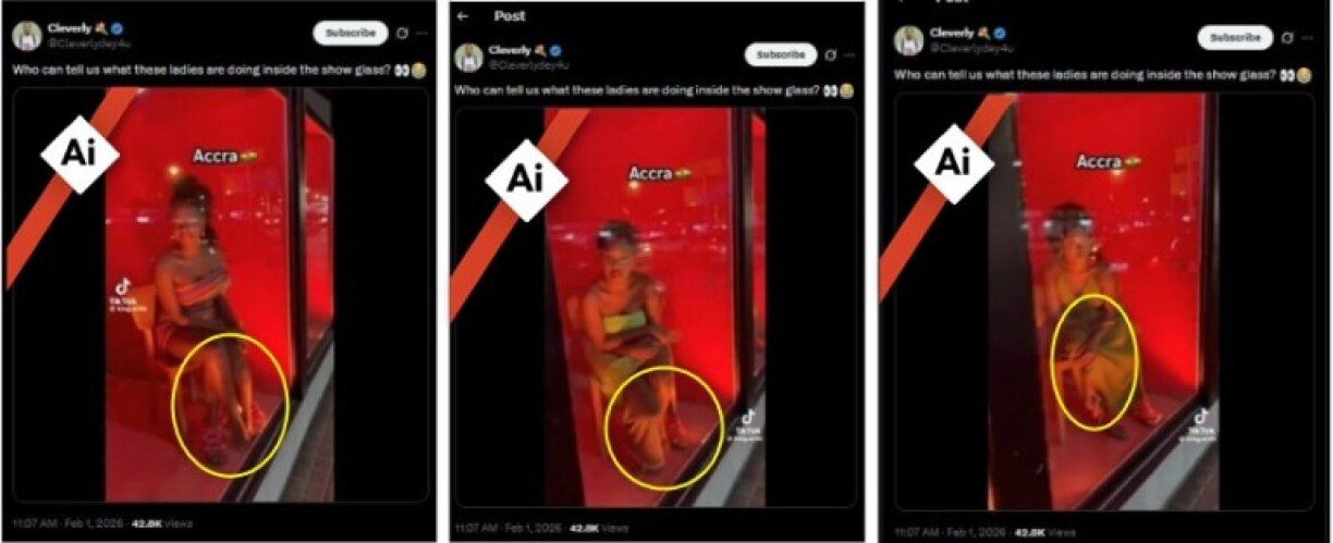 Screenshot showing the limb abnormalities in the video. AI symbol added by AFP.
