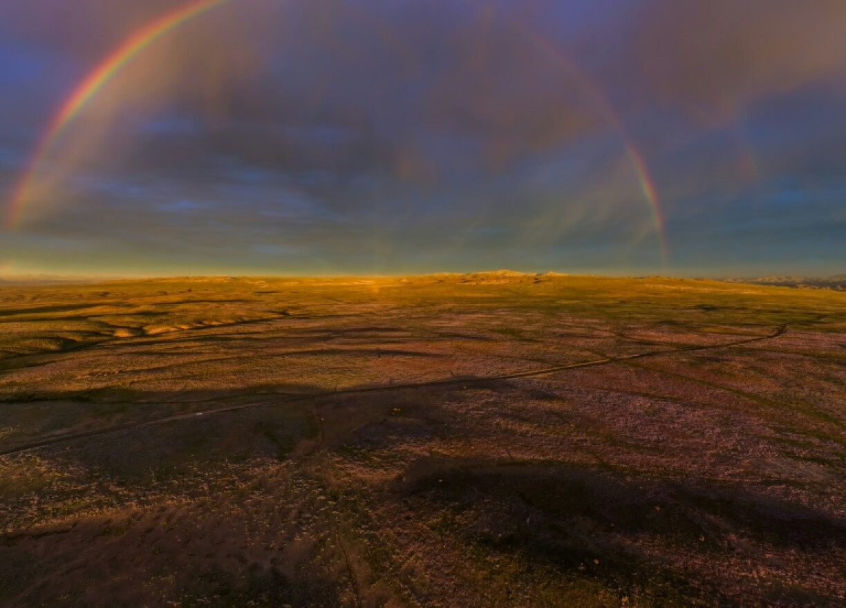 Vue d'un arc-en-ciel au-dessus du désert d'Atacama en fleurs, près de Copiapó, dans le nord du Chili, le 17 septembre 2026