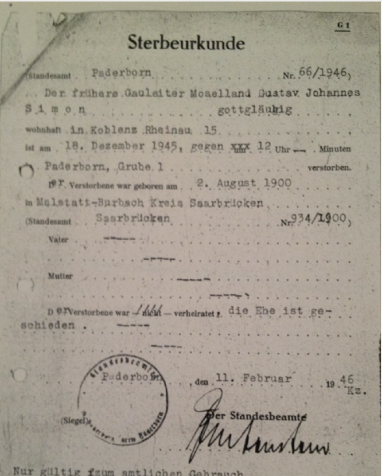 The death certificate for Gustav Simon, issued in February 1946.