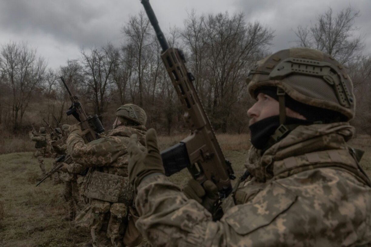 Ukrainian soldiers of the 1st Separate Assault Battalion Da Vinci take part in a training exercise in the Dnipropetrovsk region