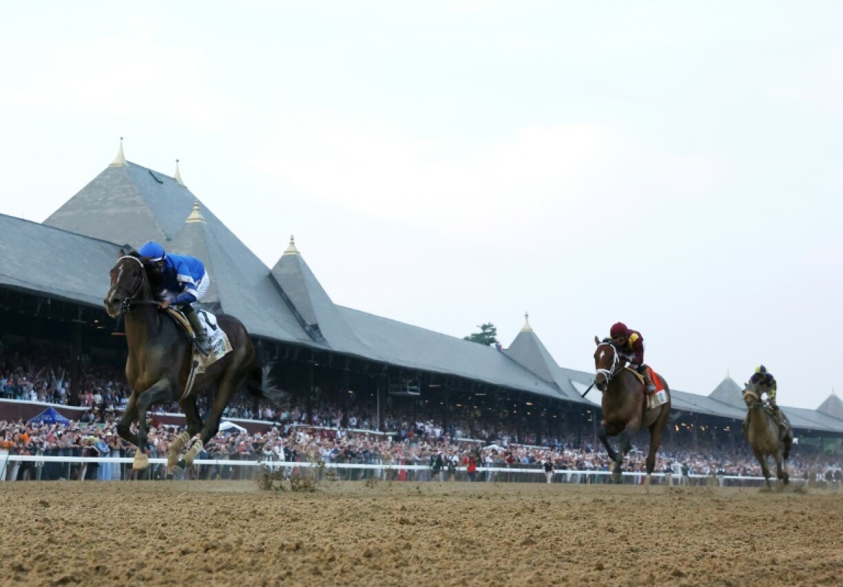 Sovereignty, ridden by Junior Alvarado, wins the 157th Belmont Stakes