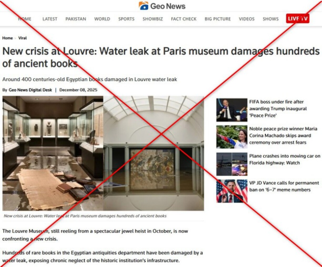Screenshot of the Geo News report captured on December 10, 2025, with a red X added by AFP
