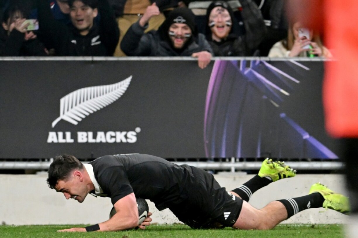 New Zealand's Will Jordan scores a try during the first international rugby Test match between New Zealand and France at Forsyth Barr Stadium in Dunedin