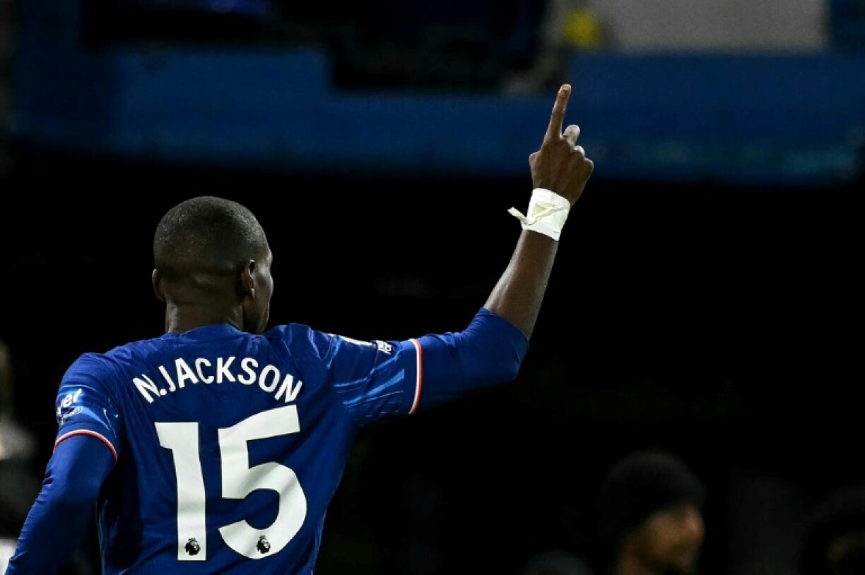 Nicolas Jackson celebrates his goal for Chelsea against Brentford in the Premier League
