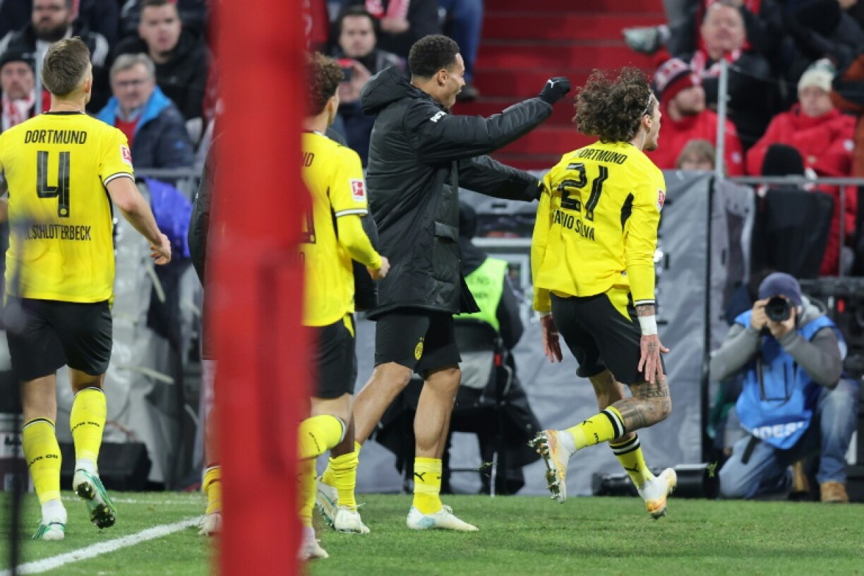 Fabio Silva celebrates scoring the equaliser for Borussia Dortmund against Bayern Munich.