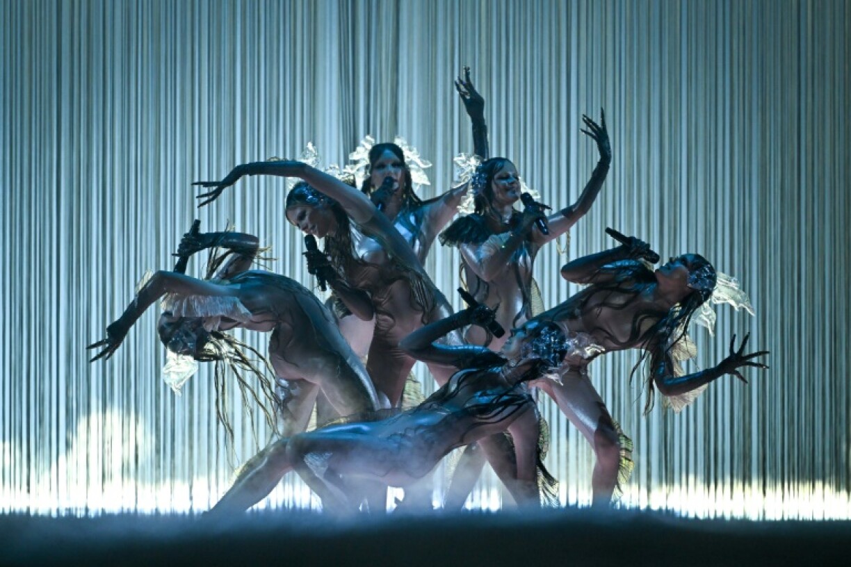 The six-piece group Tautumeitas sing their Eurovision entry 'Bur Man Laimi' in Latvian