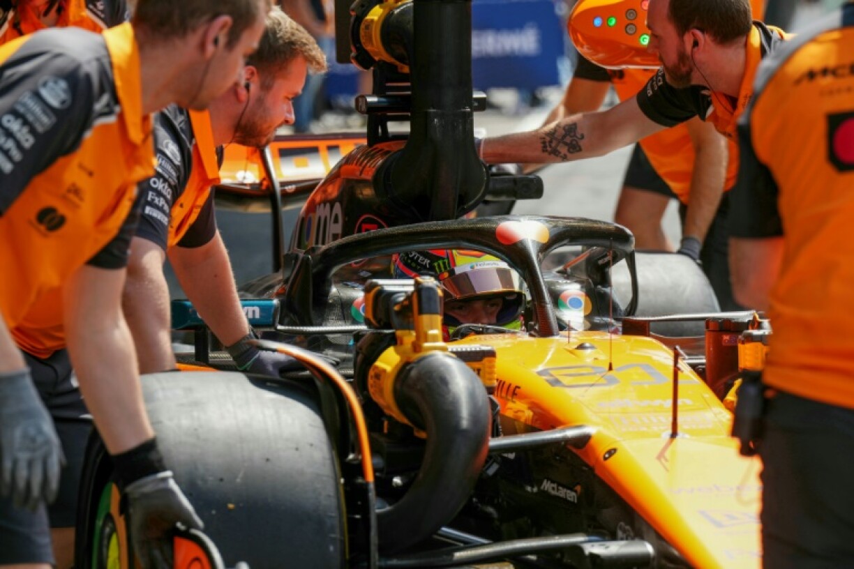 McLaren's Australian driver Oscar Piastri makes a pit stop in the first practice session ahead of the Formula One Belgian Grand Prix at the Spa-Francorchamps circuit